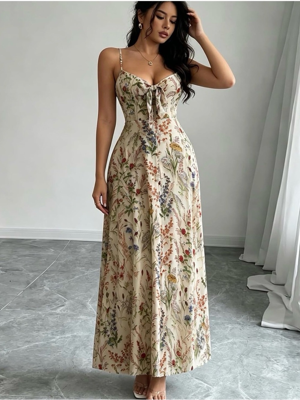 Cream Floral Maxi Slip Dress with Spaghetti Straps NEW
